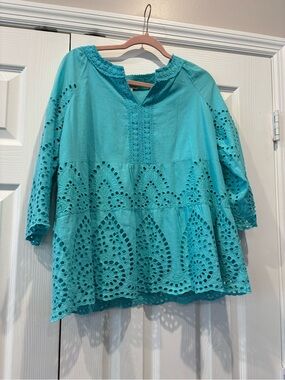 John Mark Turquoise Eyelet Cotton Peasant Top